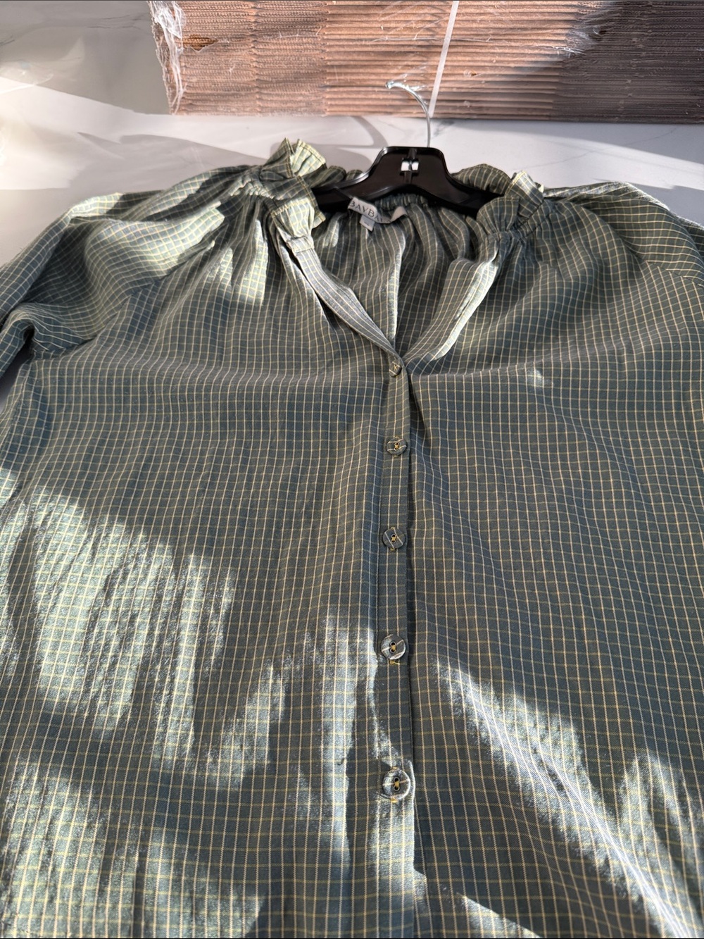 Women's Green Checked Ruffle-Neck Blouse
